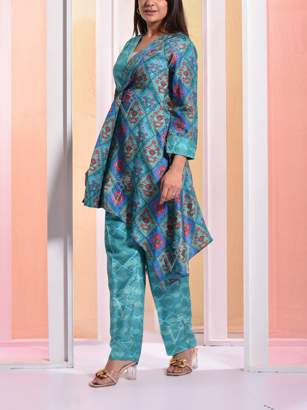 Blue Printed Angrakha Jacket Set