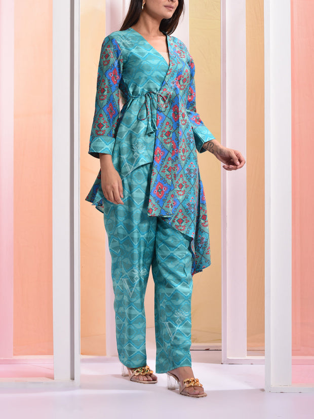 Blue Printed Angrakha Jacket Set