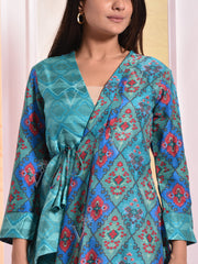 Blue Printed Angrakha Jacket Set