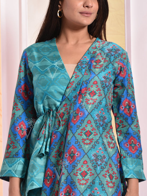 Blue Printed Angrakha Jacket Set