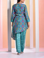 Blue Printed Angrakha Jacket Set