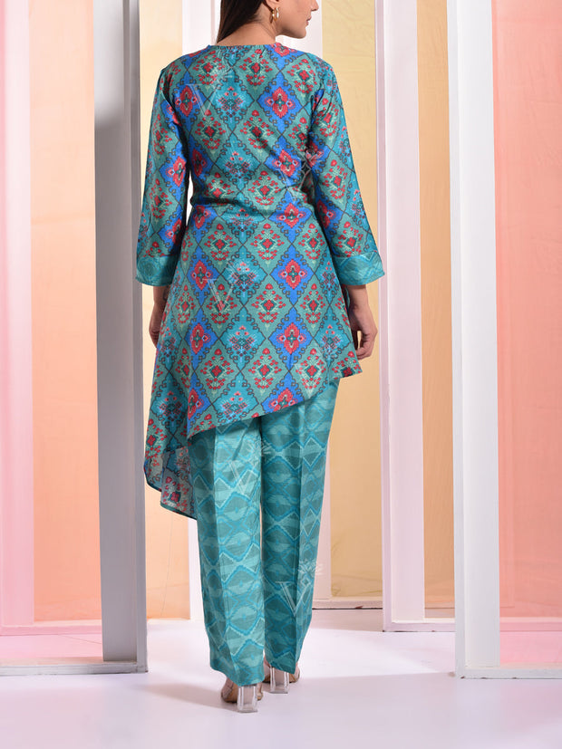 Blue Printed Angrakha Jacket Set