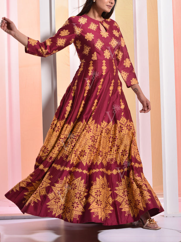 Marron Chanderi Printed  Anarkali Gown