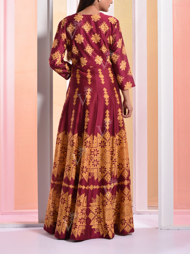 Marron Chanderi Printed  Anarkali Gown