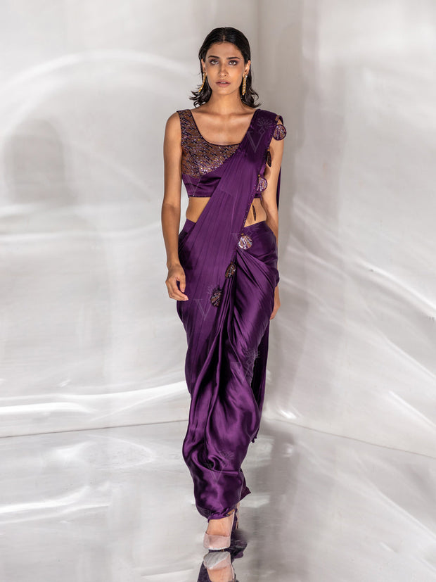 Wine Satin Silk Cocktail Saree