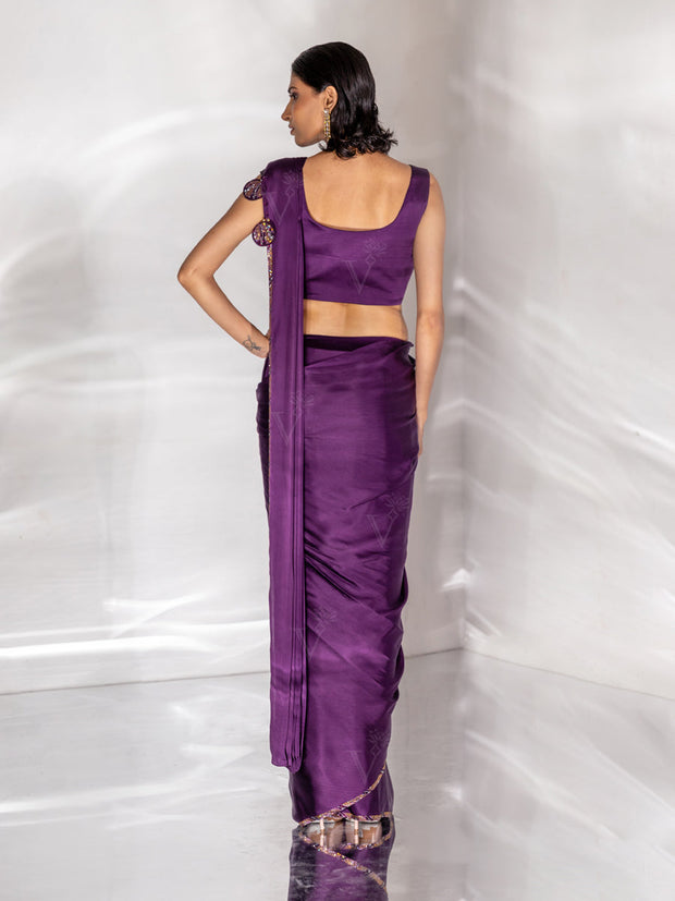 Wine Satin Silk Cocktail Saree