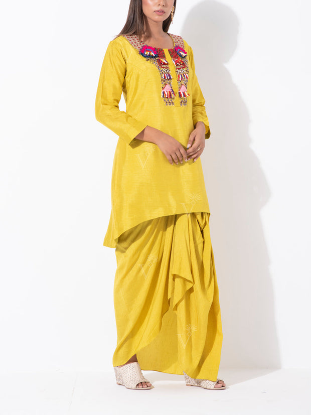 Lemon Yellow Silk Kurta with Dhoti Pants