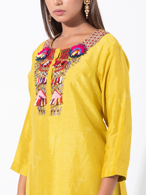 Lemon Yellow Silk Kurta with Dhoti Pants