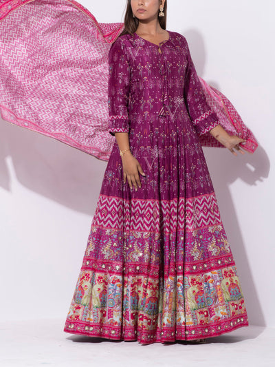 Wine Vasansi Silk Printed Anarkali Gown