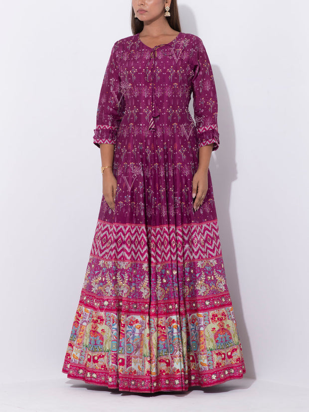 Wine Vasansi Silk Printed Anarkali Gown