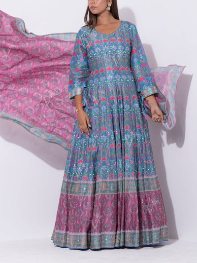 Stone Blue Vasansi Silk Printed Anarkali Gown