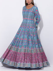 Stone Blue Vasansi Silk Printed Anarkali Gown