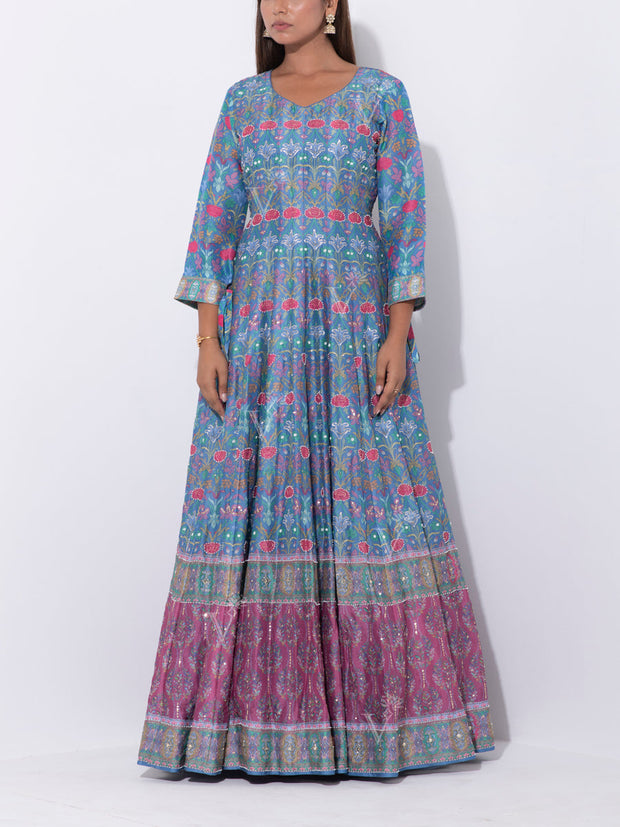 Stone Blue Vasansi Silk Printed Anarkali Gown