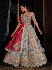 Multi Color Raw Silk Lehenga Set