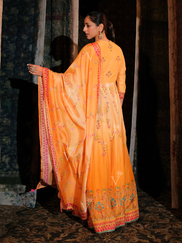 Orange Vasansi Silk Printed Anarkali Gown