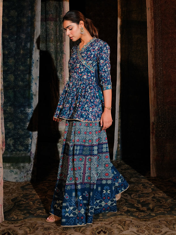 Blue Cotton Angrakha Peplum Palazzo Set