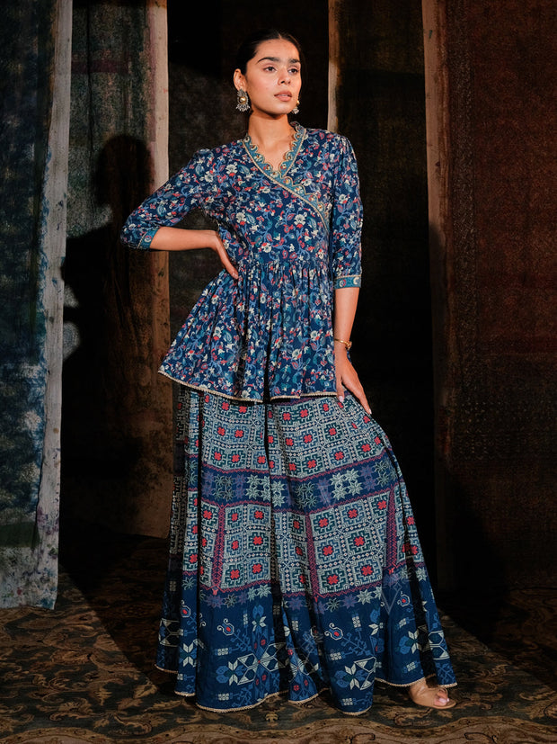 Blue Cotton Angrakha Peplum Palazzo Set