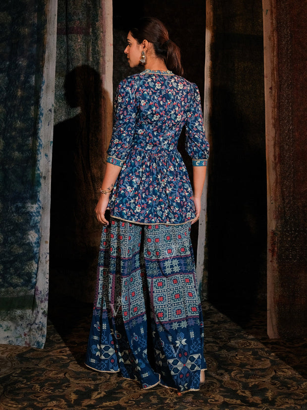 Blue Cotton Angrakha Peplum Palazzo Set