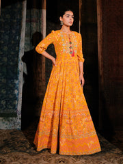 Orange Cotton Printed Anarkali Gown