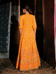 Orange Cotton Printed Anarkali Gown