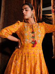 Orange Cotton Printed Anarkali Gown