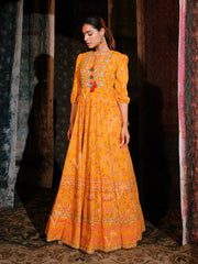 Orange Cotton Printed Anarkali Gown