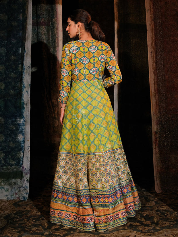 Lime Green Cotton Printed Anarkali Gown