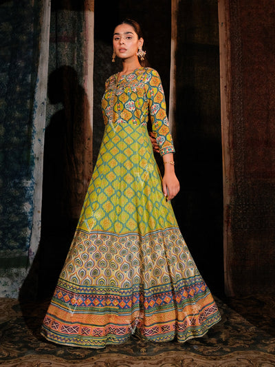 Lime Green Cotton Printed Anarkali Gown