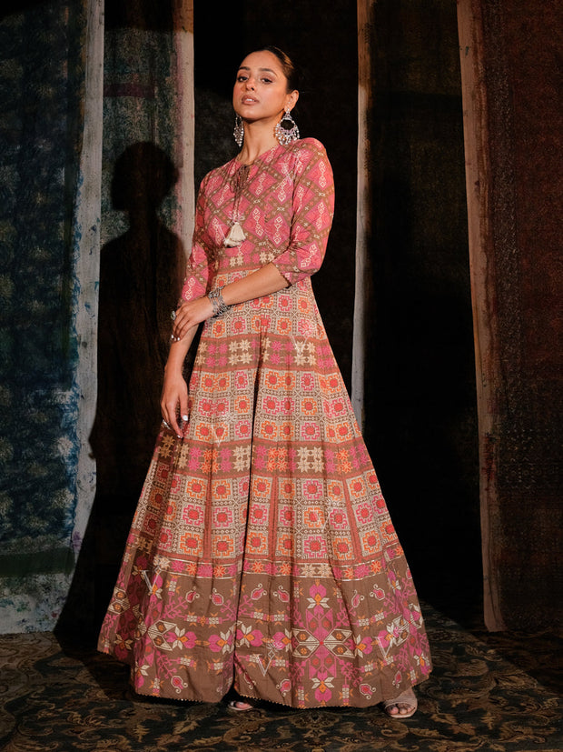 Pink Cotton Printed Anarkali Gown