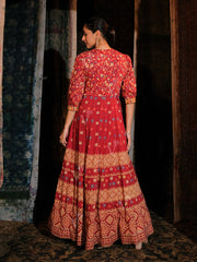 Red Printed Cotton Anarkali Gown