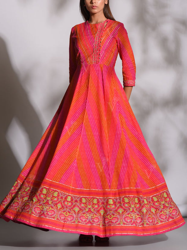 Pink Leheriya Anarkali Gown