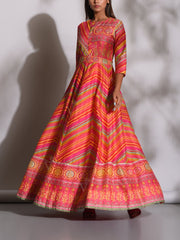 Multi Color Leheriya Silk Gown