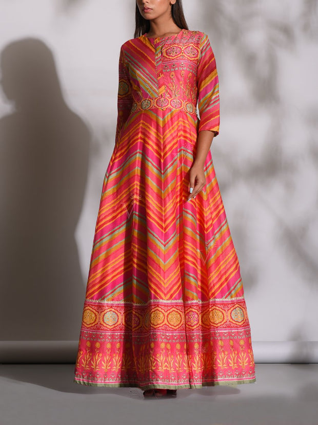 Multi Color Leheriya Silk Gown