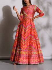 Multi Color Leheriya Silk Gown