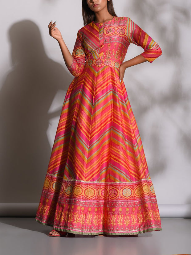 Multi Color Leheriya Silk Gown