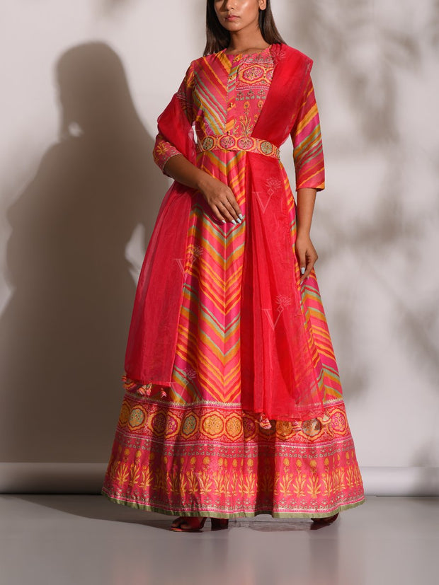 Multi Color Leheriya Silk Gown