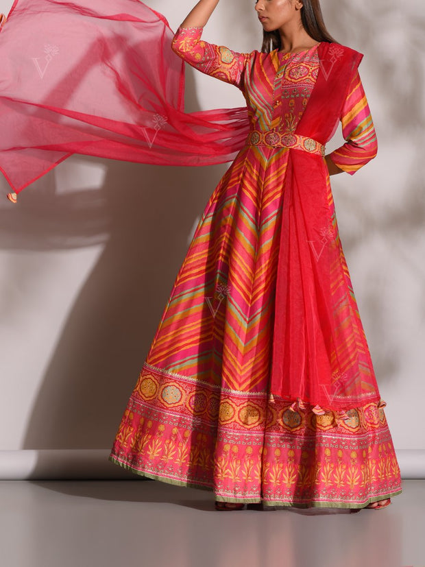 Multi Color Leheriya Silk Gown