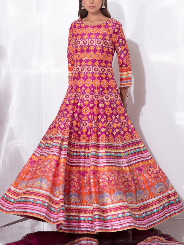 Pink Vasansi Silk Patola Anarkali Gown