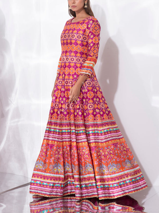 Pink Vasansi Silk Patola Anarkali Gown