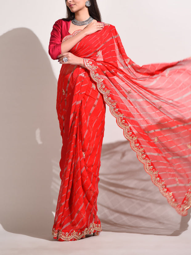 Red Georgette Leheriya Saree