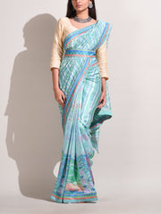 Aqua Blue Printed Highlighted Saree