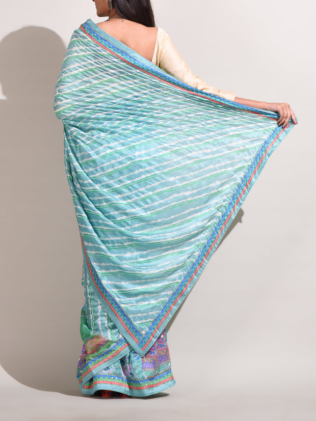 Aqua Blue Printed Highlighted Saree