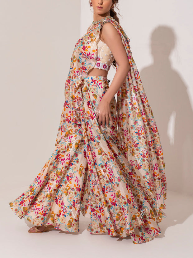 Multi Color Floral Print Pre Draped Dress