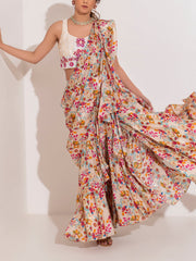 Multi Color Floral Print Pre Draped Dress