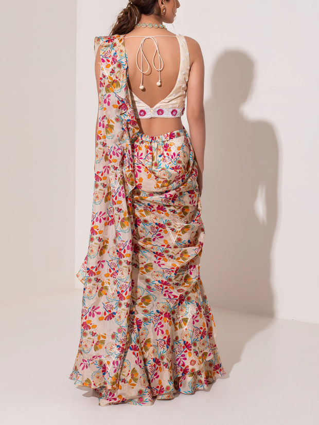 Multi Color Floral Print Pre Draped Dress