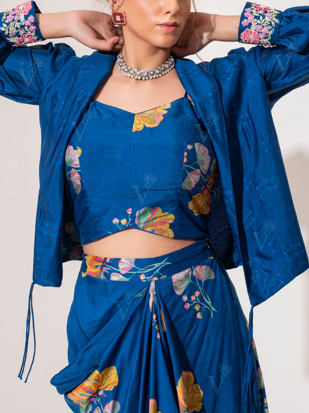 Indigo Blue Printed Drape Skirt Set