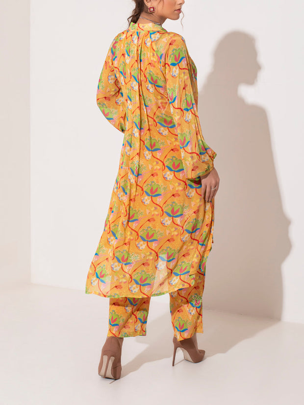 Yellow Printed Wrinkle Pant Set