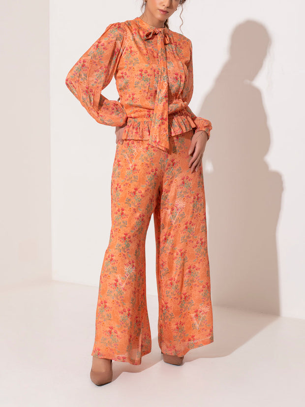 Orange Wrinkle Crepe Pants Set