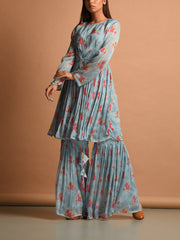 Blue Chiffon Printed Sharara Set