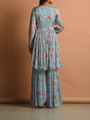 Blue Chiffon Printed Sharara Set